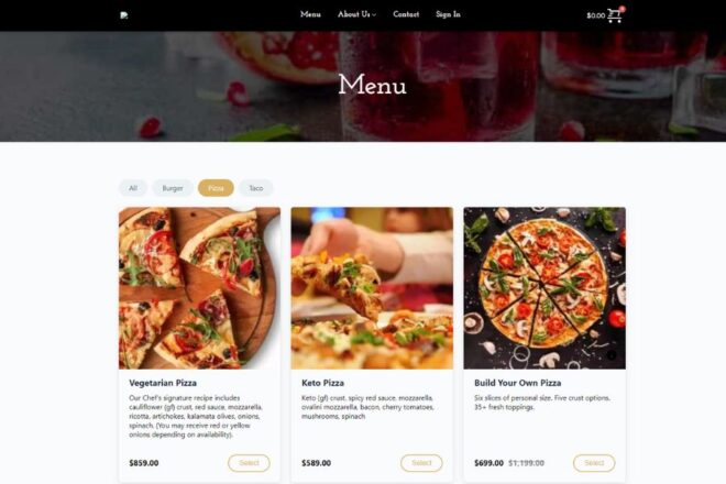 Website Page Displaying A Menu With Three Pizza Options: Vegetarian, Keto, And Build Your Own Pizza, Along With Prices And Select Buttons.