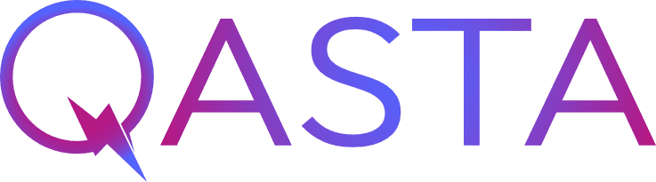 Logo Of Qasta Featuring Stylized Text In Pink And Blue Colors With A Purple Speech Bubble Tail Emanating From The Letter 'q'.