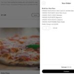 A Website Interface Showing A Customizable Pizza Order With Options To Select Dough, Sauce, And Toppings, Alongside An Image Of A Cooked Pizza On The Left.